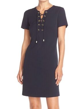 Eliza J Navy Lace-Up Short Sleeve Shift Dress